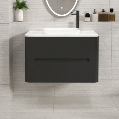 Royal Bathrooms Venice 800mm Matt Nocturne Black Wall Mounted Bathroom Countertop Vanity Unit 2 Drawer With Qubix Basin - image 1