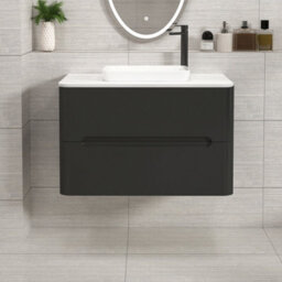 Royal Bathrooms Venice 800mm Matt Nocturne Black Wall Mounted Bathroom Countertop Vanity Unit 2 Drawer With Qubix Basin - thumbnail 1