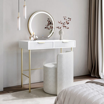 CARME Home Maya White Dressing Table With Maisie Led Mirror & Lottie Bouclé Stool - image 1