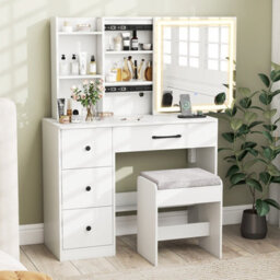 Costway Vanity Desk With Sliding Mirror And Lights Dressing Table And Chair Set-White