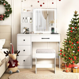 Costway Vanity Desk With Sliding Mirror And Lights Dressing Table And Chair Set-White - thumbnail 4