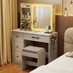 Costway Vanity Desk With Sliding Mirror And Lights Dressing Table And Chair Set-White - thumbnail 3