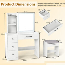 Costway Vanity Desk With Sliding Mirror And Lights Dressing Table And Chair Set-White - thumbnail 2