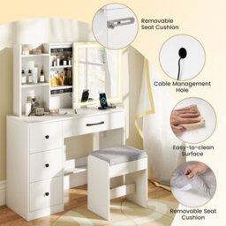 Costway Vanity Desk With Sliding Mirror And Lights Dressing Table And Chair Set-White - thumbnail 9