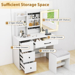 Costway Vanity Desk With Sliding Mirror And Lights Dressing Table And Chair Set-White - thumbnail 6