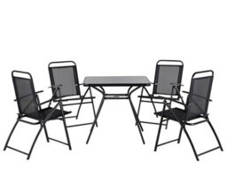 Wyld And Coco Black Steel 5-Piece Folding Dining Set, Square Tempered Glass Table With 4 Chairs - thumbnail 1