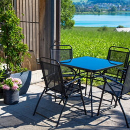Wyld And Coco Black Steel 5-Piece Folding Dining Set, Square Tempered Glass Table With 4 Chairs - thumbnail 2