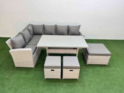 Fimous 9 Seater Rattan Garden Furniture Set Outdoor Patio Dining Corner Sofa Sets With Dining Table 3 Footstools Light Grey Mixed - thumbnail 2