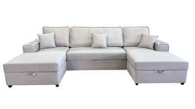 U Shape Storage Sofa Bed Beige (Full Back) - image 1