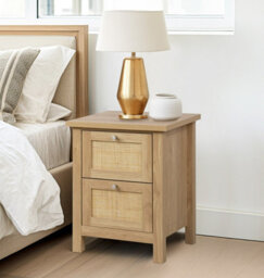 Hallowood Furniture Newquay Oak Effect Bedside Table With 2 Drawer And Real Rattan Front