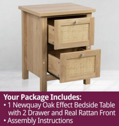 Hallowood Furniture Newquay Oak Effect Bedside Table With 2 Drawer And Real Rattan Front - thumbnail 7