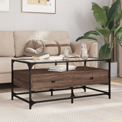 Berkfield Coffee Table With Glass Top Brown Oak 98.5X50X45 Cm Steel - image 1