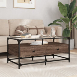 Berkfield Coffee Table With Glass Top Brown Oak 98.5X50X45 Cm Steel - thumbnail 1