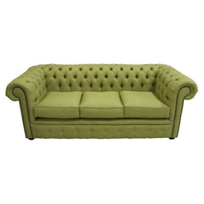 Chesterfield 3 Seater Sofa Charles Olive Green Real Linen Fabric In Classic Style - image 1