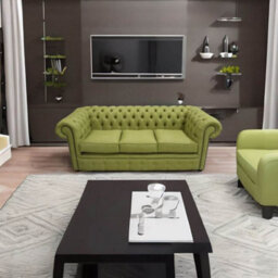 Chesterfield 3 Seater Sofa Charles Olive Green Real Linen Fabric In Classic Style - thumbnail 2