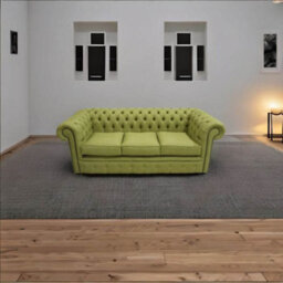 Chesterfield 3 Seater Sofa Charles Olive Green Real Linen Fabric In Classic Style - thumbnail 4