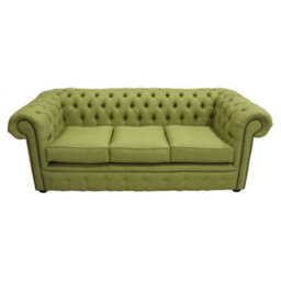 Chesterfield 3 Seater Sofa Charles Olive Green Real Linen Fabric In Classic Style