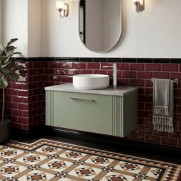 Balterley Belvide Partial Fluted 1 Drawer Wall Hung Vanity Unit With Bellato Grey Laminate Worktop - 800mm - Satin Green - thumbnail 4