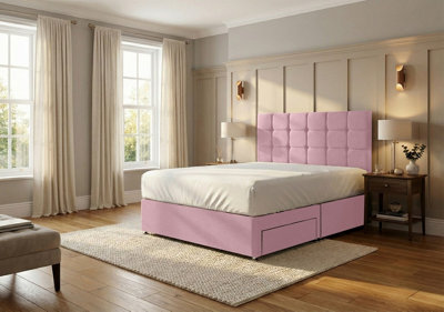 Adore Designs Ashford Plush Velvet Divan Bed, Headboard & Mattress - 3Ft Single - Pink - 2 Drawers Same Side - image 1