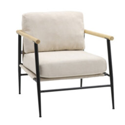 Darphe Modern Beige Linen Armchair With Wooden Armrests - thumbnail 1