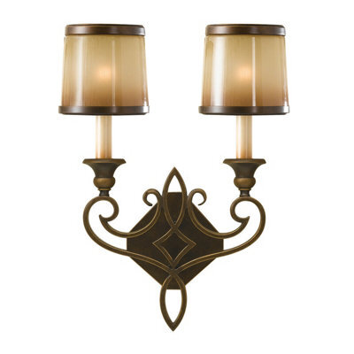 Elegant Twin Wall Light With Iron Scroll Design And Glass Shades In Aged Oak Finish