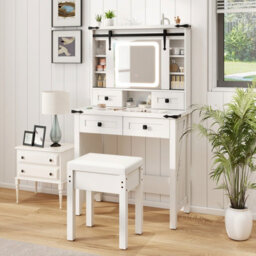 Costway Makeup Vanity Desk With Sliding Mirror & Lights Farmhouse Dressing Table And Stool Set White - thumbnail 4