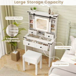 Costway Makeup Vanity Desk With Sliding Mirror & Lights Farmhouse Dressing Table And Stool Set White - thumbnail 5