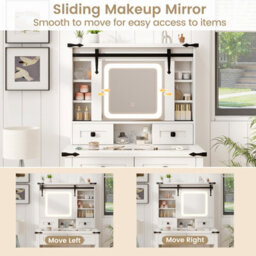 Costway Makeup Vanity Desk With Sliding Mirror & Lights Farmhouse Dressing Table And Stool Set White - thumbnail 6