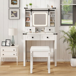Costway Makeup Vanity Desk With Sliding Mirror & Lights Farmhouse Dressing Table And Stool Set White - thumbnail 3