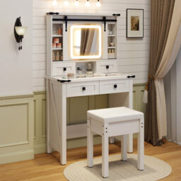 Costway Makeup Vanity Desk With Sliding Mirror & Lights Farmhouse Dressing Table And Stool Set White - thumbnail 1
