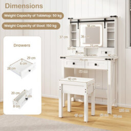 Costway Makeup Vanity Desk With Sliding Mirror & Lights Farmhouse Dressing Table And Stool Set White - thumbnail 2