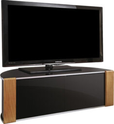 "Mda Designs Sirius 1200 Black With Remote Friendly Beam Thru Glass Door Walnut/oak Trims Up To 55"" Flat Tv Cabinet"