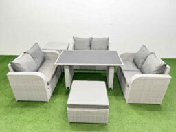 Fimous 7 Seater Patio Garden Furniture Sets With Black Glass Top Dining Table Love Sofa Side Table Big Stool Light Grey - thumbnail 2