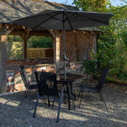 Samuel Alexander Outdoor 4 Person Round Glass Top Garden Dining Table & Chairs Set With Grey Havana Parasol