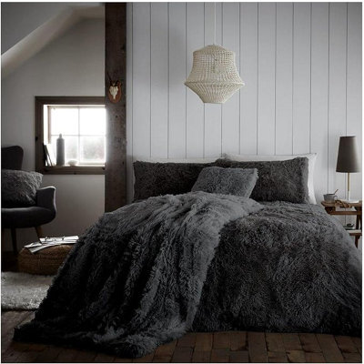 Gc Gaveno Cavailia Hug & Snug Teddy Fleece Double Charcoal Duvet Cover With Matching Pillowcase Fluffy Soft & Cosy Bedding Set - image 1