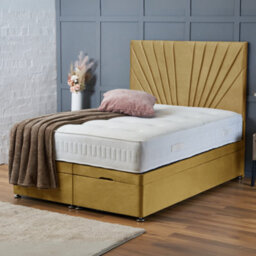 Bsspoke Mustard Velvet Ottoman Divan Bed 54Inch Headboard & 10Inch Memory Foam Mattress End Lift Up Storage Base In All Sizes - thumbnail 1