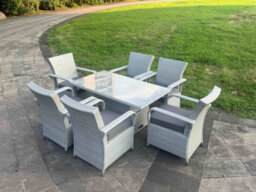Fimous Light Grey Rattan Outdoor Garden Furniture Set Height Adjustable Rising Lifting Table And 6 Chairs Set With Seat Cushion - thumbnail 2