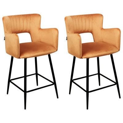 Beliani Set Of 2 Bar Chairs Sanilac Velvet Orange - image 1