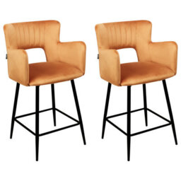 Beliani Set Of 2 Bar Chairs Sanilac Velvet Orange - thumbnail 1