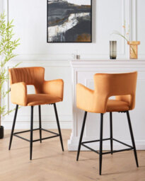Beliani Set Of 2 Bar Chairs Sanilac Velvet Orange - thumbnail 2