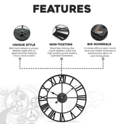 Large Skeleton Metal Roman Wall Clock Big Numerals Giant Round Open Face Clocks Black 60Cm - thumbnail 7