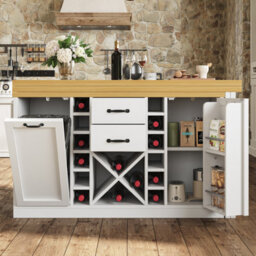 Btm Extendable Sideboard Dining Table Combo With Wine Rack And Trash Compartment, Snack Storage, White - thumbnail 6