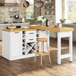 Btm Extendable Sideboard Dining Table Combo With Wine Rack And Trash Compartment, Snack Storage, White - thumbnail 3