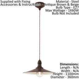 Elegant Antique Brown & Beige Steel Pendant Light With E27 Bulb Socket - thumbnail 2