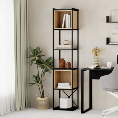 Decortie Vale Mini Bookcase Black, Oak Versatile Display Unit 5-Tier Metal Frame 2 Adjustable Shelf 12mm Engineered Wood - image 1