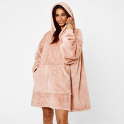 Ohs Teddy Fleece Hoodie Blanket Oversized Sweatshirt, Blush - Adults