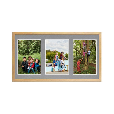 AK Frames 40X20Cm Oak Sleek Multi Photo Frame With Mid Grey Mount - Holds 3 Apertures (3X) 6X4 Photos - image 1