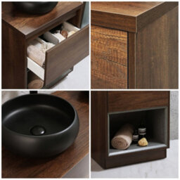 Homestylestore Dark Oak 600mm Bathroom Vanity Unit Round Countertop Graphite Basin Open Shelf - thumbnail 2