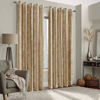 Aspire Homeware Beige Velvet Curtain Room Darkening Blackout Eyelet Curtain Pair (W)168Cm X (D)183Cm With Tie Back Pair - image 1