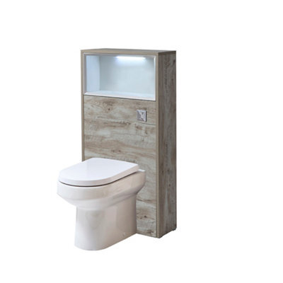 Homestylestore 600mm Light Oak Bathroom Wc Unit Led Lit Shelf Toilet With Chrome Flush Button - image 1